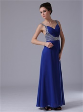 Double Silver Beaded Straps Royal Blue Chiffon Maxi Prom Dress City