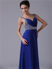 Double Silver Beaded Straps Royal Blue Chiffon Maxi Prom Dress City