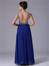 Double Silver Beaded Straps Royal Blue Chiffon Maxi Prom Dress City