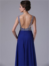 Double Silver Beaded Straps Royal Blue Chiffon Maxi Prom Dress City