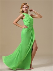 Gathering Banquet Prom Dress Spring Green One Shoulder Slit Skirt