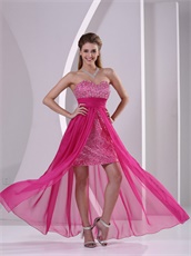 High-low Short Skirt Long Train Hot Pink Prom Dress Shiny Paillette