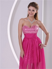 High-low Short Skirt Long Train Hot Pink Prom Dress Shiny Paillette