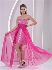 High-low Short Skirt Long Train Hot Pink Prom Dress Shiny Paillette