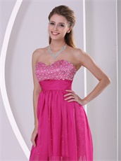 High-low Short Skirt Long Train Hot Pink Prom Dress Shiny Paillette