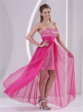 High-low Short Skirt Long Train Hot Pink Prom Dress Shiny Paillette