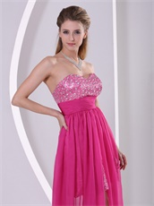 High-low Short Skirt Long Train Hot Pink Prom Dress Shiny Paillette