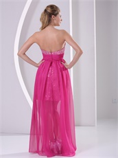 High-low Short Skirt Long Train Hot Pink Prom Dress Shiny Paillette