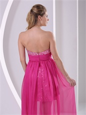 High-low Short Skirt Long Train Hot Pink Prom Dress Shiny Paillette