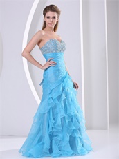 Sweetheart Aqua Blue Organza Ruffles Skirt Prom Dress Dropped Waist