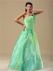 Mint Apple Green One Shoulder Prom Dress With Hand Made Rose Folwers