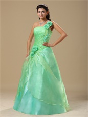 Mint Apple Green One Shoulder Prom Dress With Hand Made Rose Folwers
