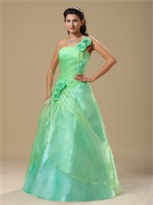 Mint Apple Green One Shoulder Prom Dress With Hand Made Rose Folwers