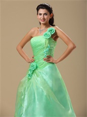 Mint Apple Green One Shoulder Prom Dress With Hand Made Rose Folwers