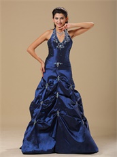 Navy Blue Taffeta Halter Neckline Not Puffy Prom Dress By Designer List