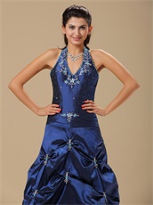 Navy Blue Taffeta Halter Neckline Not Puffy Prom Dress By Designer List