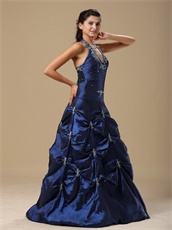 Navy Blue Taffeta Halter Neckline Not Puffy Prom Dress By Designer List