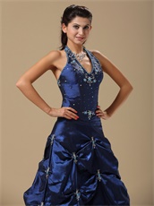 Navy Blue Taffeta Halter Neckline Not Puffy Prom Dress By Designer List