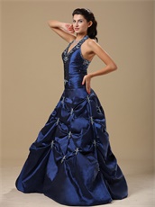 Navy Blue Taffeta Halter Neckline Not Puffy Prom Dress By Designer List