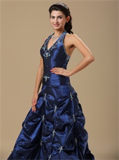 Navy Blue Taffeta Halter Neckline Not Puffy Prom Dress By Designer List