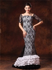 Square Full Black Lace Prom Gowns White Lining and Lace Half Sleeves
