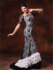 Square Full Black Lace Prom Gowns White Lining and Lace Half Sleeves