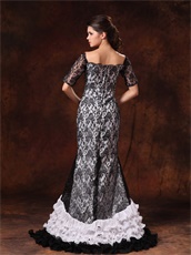 Square Full Black Lace Prom Gowns White Lining and Lace Half Sleeves