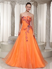 Hot Sell Classical Style Orange Organza Sweetheart Prom Dress Appliques