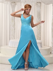 Upper Body Beaded Decorate Sky Blue Evening Dress High Slit