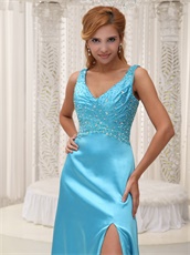 Upper Body Beaded Decorate Sky Blue Evening Dress High Slit