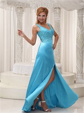 Upper Body Beaded Decorate Sky Blue Evening Dress High Slit