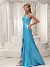 Upper Body Beaded Decorate Sky Blue Evening Dress High Slit