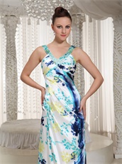 Colorful Imitated Silk Printed Fabric Column Prom Dresses Straps V Neck