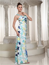 Colorful Imitated Silk Printed Fabric Column Prom Dresses Straps V Neck
