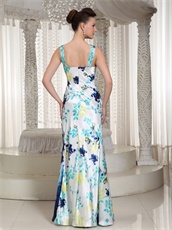 Colorful Imitated Silk Printed Fabric Column Prom Dresses Straps V Neck