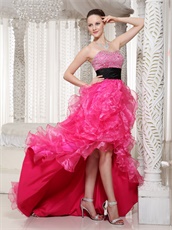 Girlish Bright Hot Pink High-low Thick Ruffles Prom Gowns Bustle Outdoor