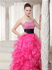 Girlish Bright Hot Pink High-low Thick Ruffles Prom Gowns Bustle Outdoor