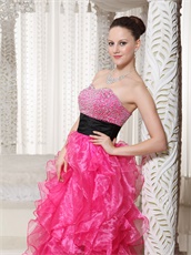 Girlish Bright Hot Pink High-low Thick Ruffles Prom Gowns Bustle Outdoor