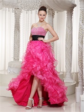 Girlish Bright Hot Pink High-low Thick Ruffles Prom Gowns Bustle Outdoor
