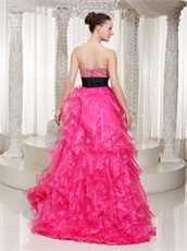 Girlish Bright Hot Pink High-low Thick Ruffles Prom Gowns Bustle Outdoor