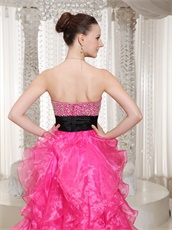 Girlish Bright Hot Pink High-low Thick Ruffles Prom Gowns Bustle Outdoor