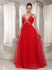 Amazing X-shape Beading Straps Red Prom Dress With Deep V Neck