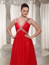 Amazing X-shape Beading Straps Red Prom Dress With Deep V Neck