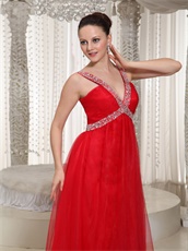 Amazing X-shape Beading Straps Red Prom Dress With Deep V Neck