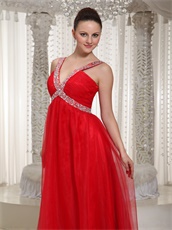 Amazing X-shape Beading Straps Red Prom Dress With Deep V Neck