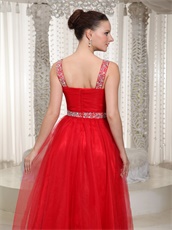 Amazing X-shape Beading Straps Red Prom Dress With Deep V Neck