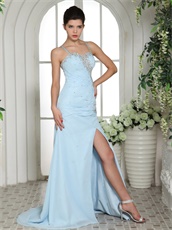 Lightest Baby Blue Spaghetti Straps Side Slit Prom Dress Crossed Back