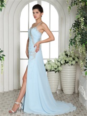 Lightest Baby Blue Spaghetti Straps Side Slit Prom Dress Crossed Back