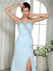 Lightest Baby Blue Spaghetti Straps Side Slit Prom Dress Crossed Back