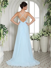 Lightest Baby Blue Spaghetti Straps Side Slit Prom Dress Crossed Back